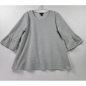 Alfani Blouse Women’s L White Black Striped 3/4 Bell Sleeve Stretch Scoop Neck